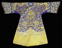 Imperial 12-symbol robe of dark blue gauze embroiderd in petit point in shades of yellow and white. Nine 5-clawed dragons, tight clouds, bats, peonies and Taoist symbols. Conventional border of slightly wavy slanting stripes; tight clouds; rolling waves in which appear branches of coral and symbols of the Eight Precious Things. Below border on sleeve- in which appears the endless knot of Buddhism, wide deep cuffs of blue silk embroidered in satin stitch with an all-over design of narcissus blossoms in blue, peach and ivory. Edging of black and gold brocade. Collar band of the same. Note that the 12 ancient symbols have been embroidered in colors, in satin stitch, over the blue and yellow ground. A later addition, this has the look of a bastard. Robe slit at sides and lined with thin blue silk.. Original from the Minneapolis Institute of Art.