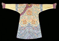 Imperial 12-symbol robe of pale yellow satin embroidered in satin stitch and couched gold threads. Traditional universe design with nine 5-clawed dragons in gold, a field of loose, fragmentary clouds in which appear the 12 symbols, Buddhist symbols, crimson bats carrying branches of coral, jui scepters, and other auspicious emblems and good luck characters. Deep 'hurricane wave' border in which stripes break through the waves, filled with Buddhist symbols, flowers and Precious Things. Border and cuffs of reddish purple satin embroidered in satin stitch and couching with motifs of the body. Yellow satin sleeves. Robe slit at front and sides and lined with coarse yellow silk. The violet and some red colors are aniline. This robe presents an interesting variation of the Heavenly Sea border and harks back to the Yung Cheng period in its treatment. Cf. 42.8.183 and 42.8.11. Original from the Minneapolis Institute of Art.
