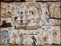 embroidered picture, stumpwork; the panel depicts various biblical scenes in a landscape of flowering shrubs and blossoms in which various birds and beasts are disposed; the upper central section portrays a woman, accompanied by two attendants, bathing in a fountain; at the upper right is a castle, and in the other corners various biblical scenes; most of the figures are portrayed in the court dress of Charles II's time; the work is executed in silk and metallic threads and in small pearl, coral, green and yellow beads; the main colors are blue, green, and various shades of tan; certain areas around the fountain were never finished, and the stamped pattern is still visible; the extreme upper right corner has been painted in but no other restoration has been attempted. Original from the Minneapolis Institute of Art.