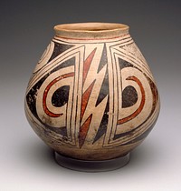 Olla, red and black on buff, with a design of scrolls on a horizontally hatched ground, triangles, and stepped motifs. Bottom scorched, paint worn in some areas, Casas Grandes type, rim restored. Ramos polychrome. Tardio phase.. Original from the Minneapolis Institute of Art.