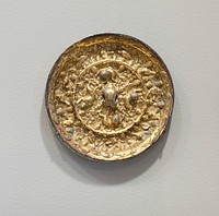 Four inch gilt bronze mirror decorated with seahorse, grape, bird and foliage design; box. Original from the Minneapolis Institute of Art.