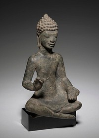 Buddha seated with legs crossed at the ankles. He wears a monk's diaphanous garment which covers only his right side. He is seated in a adamantine pose with the soles of his feet facing upward (as in early Gupta art). He assumes a gesture of exposition with his very long fingers. His face is excellently modelled with heavy eyelids, eyes looking downward and an enigmatic smile. His ears are large with long perforated lobes and he wears a tiered snail-like hairdo. Original and dark patina. Dvaravati style, Mon, Thailand. Cast in the lost wax process.. Original from the Minneapolis Institute of Art.