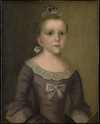 Half-length portrait painted in 1763. Her auburn hair is brushed back from her forehead and tied at the back of her neck with a white satin bow. A small bouquet of blue and white flowers with a white gauze bow is pinned on top of her head. Her dark eyes are directed to the spectator. She wears an olive green silk dress, the neck cut low and trimmed with a narrow white muslin ruffle and a bow of white satin ribbon is fastened at her breast. The sleeves with three long ruffles of the same material as the dress are of elbow length with a ruffle of white muslin (taken from 'Checklist of Portraits of Children painted by Joseph Badger,' 1923).. Original from the Minneapolis Institute of Art.