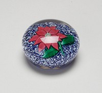 Sandwich floral consisting of a pink petal poinsettia on green twig with two leaves, a millefiori set up appears in center of flower. Original from the Minneapolis Institute of Art.