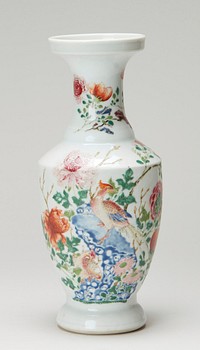 vase, famille rose, decorated with a motif of peony plants and flowers grouped around a crag of rocks; semi-beaker shape. Original from the Minneapolis Institute of Art.