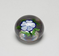 small weight containing 5 petaled white flower primrose with cupped leaves on stem with several green leaves as part of spray; flower has a background of cobalt blue. Original from the Minneapolis Institute of Art.