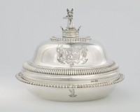 one of a pair of entree dishes with covers; engraved with royal coat of arms, finials in form of owner's crest; gadrooned borders, high domed covers with gadrooned mouldings. Original from the Minneapolis Institute of Art.