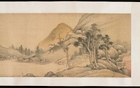 Continuous landscape in mountains with river; buildings, small figures and flowering trees throughout; several boats on river. Original from the Minneapolis Institute of Art.