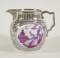 Pitcher, silver lustre, purple chinoiserie cartouche transfer print on one side and English countryside cartouch on the other, surrounded by white resist leaf pattern (28). Original from the Minneapolis Institute of Art.