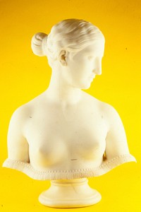 Full bust, undraped, head turned left in profile slightly downward. The figure terminates just below the breasts by means of a shallow, saucer-like border with reeded edge and is attached to a circular socle.. Original from the Minneapolis Institute of Art.