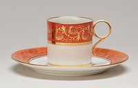 Tea Service, wide coral colored bands with gilt scroll decorations , consisting of .1-4 Teacups, .5 plate, .6 sugar bowl, .7 creamer, .8 waste bowl, porcelain.. Original from the Minneapolis Institute of Art.