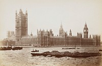 Houses of Parliament; coal barge in foreground, paddlewheel ferry on left in river. Original from the Minneapolis Institute of Art.