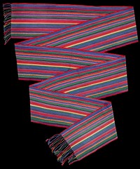 red, purple, brown, yellow, green, orange, pink and white various stripes; twisted fringe at each end. Original from the Minneapolis Institute of Art.