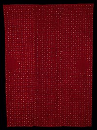 dark red with rows of small mirrors and white, green, blue, and orange geometric designs. Original from the Minneapolis Institute of Art.