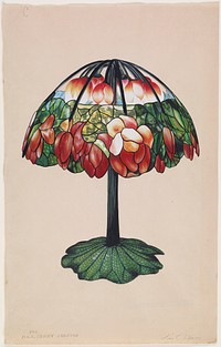 watercolor sketch for a table lamp with leafy base and floral shade, which appears open at top with individual floral light sockets. Original from the Minneapolis Institute of Art.