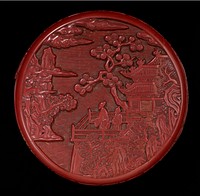 Red with brown interior and bottom; carved with leaf and flower design around edges of box and cover; two figures on a balcony overlooking rocks, trees and clouds on cover; six characters lightly incised on bottom. Original from the Minneapolis Institute of Art.