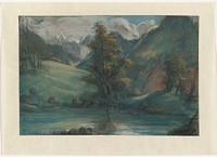 blue-green landscape with water in foreground; rolling mountains on opposite bank with tall peaks in ULC; large tree in center of image, with other trees at L and R; bright blue sky with clouds. Original from the Minneapolis Institute of Art.