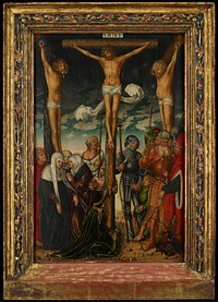 crucified Christ at center; Mary Magdalene in green gown hugs bottom of cross; two crucified men flank Christ; two soldiers in grey armor, man in orange armor, two other men and boy at right; three women and two men at left; frame received separate from painting--blue highlighted bead on three sides. Original from the Minneapolis Institute of Art.