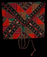 envelope-style pouch with long multicolored braided cord closure; embroidery in maroon, yellow, white, green and brown with large cross and "E" motifs on back; front has edging bands of black with yellow, red and white starbursts; striped and plain appliqués. Original from the Minneapolis Institute of Art.
