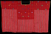 red, white and orange stripes; neckline and arm openings trimmed with turquoise and yellow thread; brocaded designs on top of radiating diamonds and small vertical bars in various bright colors. Original from the Minneapolis Institute of Art.