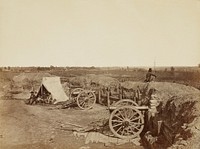 soldier with rifle seated on a dirt and sandbag barricade; two canons; four men sit in front of a tent at L. Original from the Minneapolis Institute of Art.