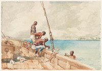 three men at edge of boat with one man in water. Original from the Minneapolis Institute of Art.
