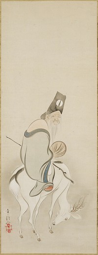 Old man with long white beard wearing black hat and pale blue garment, seated on a white deer with its head down; undefined ground. Original from the Minneapolis Institute of Art.