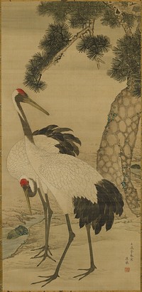 Two white cranes with black tail feathers, grey necks and red "caps" standing at the edge of a small stream; pine tree at L. Original from the Minneapolis Institute of Art.