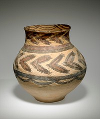 slightly concave base flaring outward to wide main body and tapering inward to very wide, short neck with outward-flaring mouth rim; light tan; dark and medium brown painted designs of chevrons, arcs and bands. Original from the Minneapolis Institute of Art.