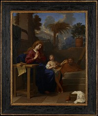 The scene depicted is the Holy Family in Egypt during a moment of temporary refuge from the pursuing soldiers of King Herod. The artist has represented the Christ Child reading to the Virgin while Saint Joseph reclines inconspicuously in the background.. Original from the Minneapolis Institute of Art.