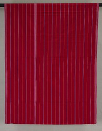 red striped skirt; stripes primarily blue with thin yellow and white accents; 1" wide band of stripes along top and bottom edges; side edges unfinished. Original from the Minneapolis Institute of Art.
