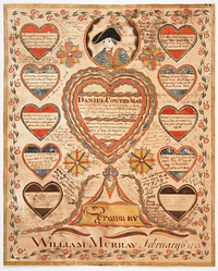 large heart at center with "Daniel Countryman" printed in black and red; roundel with portrait of a young man wearing a black hat at top center; ten small hearts to L and R of large heart; chased flowers, swags and decorative arcs at bottom: "Drawn BY/ WILLIAM MURRAY February 6th 1813"; handwritten text in different hands throughout, front and back. Original from the Minneapolis Institute of Art.