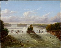 waterfall with rock outcropping at center with bush; rocky bank on L and R; gold frame. Original from the Minneapolis Institute of Art.