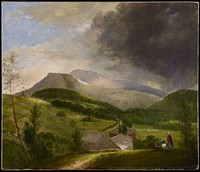 farmstead with figures in LRC; hillside with distant mountain peaks; darkened sky from URC. Original from the Minneapolis Institute of Art.