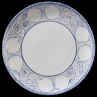 blue glaze on white; 1/4" band of small flowers around rim; 1 3/4" band decorated with sprouted onions intertwining at four points with blue lines behind; undecorated at center in 5 3/8" diameter area. Original from the Minneapolis Institute of Art.