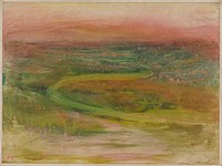 S-shaped path in an abstracted landscape; greens; pinks in foreground, LLQ; rust-oranges in spots scattered throughout; pinkish-orange sky. Original from the Minneapolis Institute of Art.