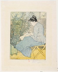 seated woman seen from PL; woman is seated on a yellow folding chair, sewing; dark hair in a bun; woman wears blue jacket and long skirt and rests one foot on a pot filled with climbing flowers at left. Original from the Minneapolis Institute of Art.