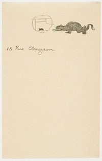 image at top of sheet of mouse inside bottom of Henri de Toulouse-Lautrec's monogram; crouching black cat with front PR paw extended, stalking mouse; "18 Rue Clapezron" (?) in cursive below image. Original from the Minneapolis Institute of Art.