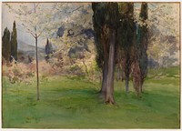 clump of tall, thin brown trees at center R; young thin tree at L; other light foliage in background; green grass; sky visible in ULC. Original from the Minneapolis Institute of Art.