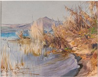 landscape with water at L; purplish mountain peak in background; tan and brown foliage at L and center forming a small lagoon. Original from the Minneapolis Institute of Art.