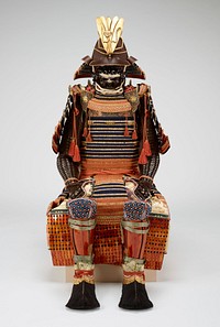 Suit includes helmet with praying mantis maedate (forecrest), menpo (face mask), torso covering, pair of front shoulder medallions that attach to torso covering, pair of large upper arm guards, pair of small shoulder coverings (each with a pin for attachment), pair of gauntlets with arm and hand guards, apron, pair of tsutsu suneate (leg guards), and pair of kote (boot coverings); see Components for descriptions of each piece. Original from the Minneapolis Institute of Art.