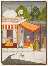 seated woman at left with blonde hair, wearing a yellow dress; woman rests her PL elbow on a crooked gold staff; two women at right--one seated, one standing; seated woman holds a seashell; standing woman holds a gold plate and ewer; small white bull at bottom center; trees behind wall in background; awning at center extending outward from domed white porch. Original from the Minneapolis Institute of Art.