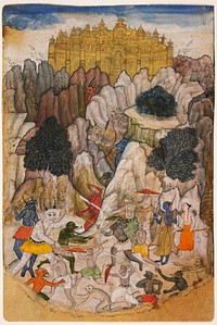 golden city at top center; rocky landscape in foreground with several trees; battle scene with two human figures at right (one with blue skin) with bows and quivers; monkeys, bears, monsters and fantastic animals fighting with swords, spears, daggers, bows and shields. Original from the Minneapolis Institute of Art.