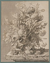 large bouquet of flowers in a vase decorated with putti in relief, sitting on a ledge; other flowers on top of ledge; drawn with grid with red chalk and pencil. Original from the Minneapolis Institute of Art.