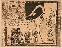 written text in ULC and along left edge; printed text at right edge; image of stylized heavy-set figure at right with leaves on face and head, with a twisted PL arm carrying a sack and holding a whip or torch in PR hand; two kneeling men with hands folded in prayer at left; burning building at center with rotund balloon-like stylized bat or bird hovering over it; black on tan paper. Original from the Minneapolis Institute of Art.