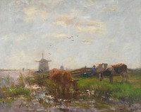 Cows near stream in meadow landscape; windmill in distance; guilded gold frame. Original from the Minneapolis Institute of Art.