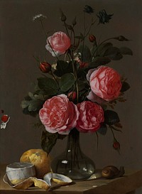 clear glass vase with pink roses; two lemons--one partially peeled--and a snail on table; trompe l'oeil effect with sealing wax and piece of paper in LLQ at left edge; tiny spider above and to right of snail; dark wood frame. Original from the Minneapolis Institute of Art.