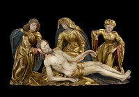 three standing figures with Jesus' reclining body; Jesus wears gold loincloth and has curly hair and curling pointed beard; Mary at center wearing gold garment and head cloth, lined in blue; Mary Magdalene wearing gold cap and garment with red sleeve lining and holding a gold cylindrical container; man (Joseph?) with long curly hair at left wearing gold garment and cape with blue lining. Original from the Minneapolis Institute of Art.