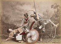 Staged studio picture of a backward-tipped rickshaw, with the driver making an exaggerated kicking movement and surprised face with open mouth; girl in rickshaw being assisted up by another girl. Original from the Minneapolis Institute of Art.