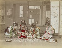 Four seated girls wearing traditional Japanese costumes, looking at pastel-colored cards laid out in front of them on floor mat; girls wear brightly-colored and patterned kimono. Original from the Minneapolis Institute of Art.